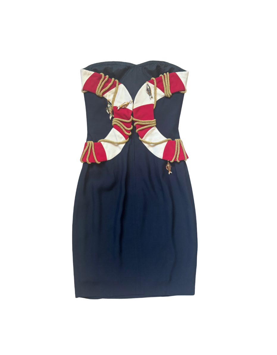 Moschino Couture "Cruise Me Baby" Navy Gabardine Life Preserver and Fish Dress