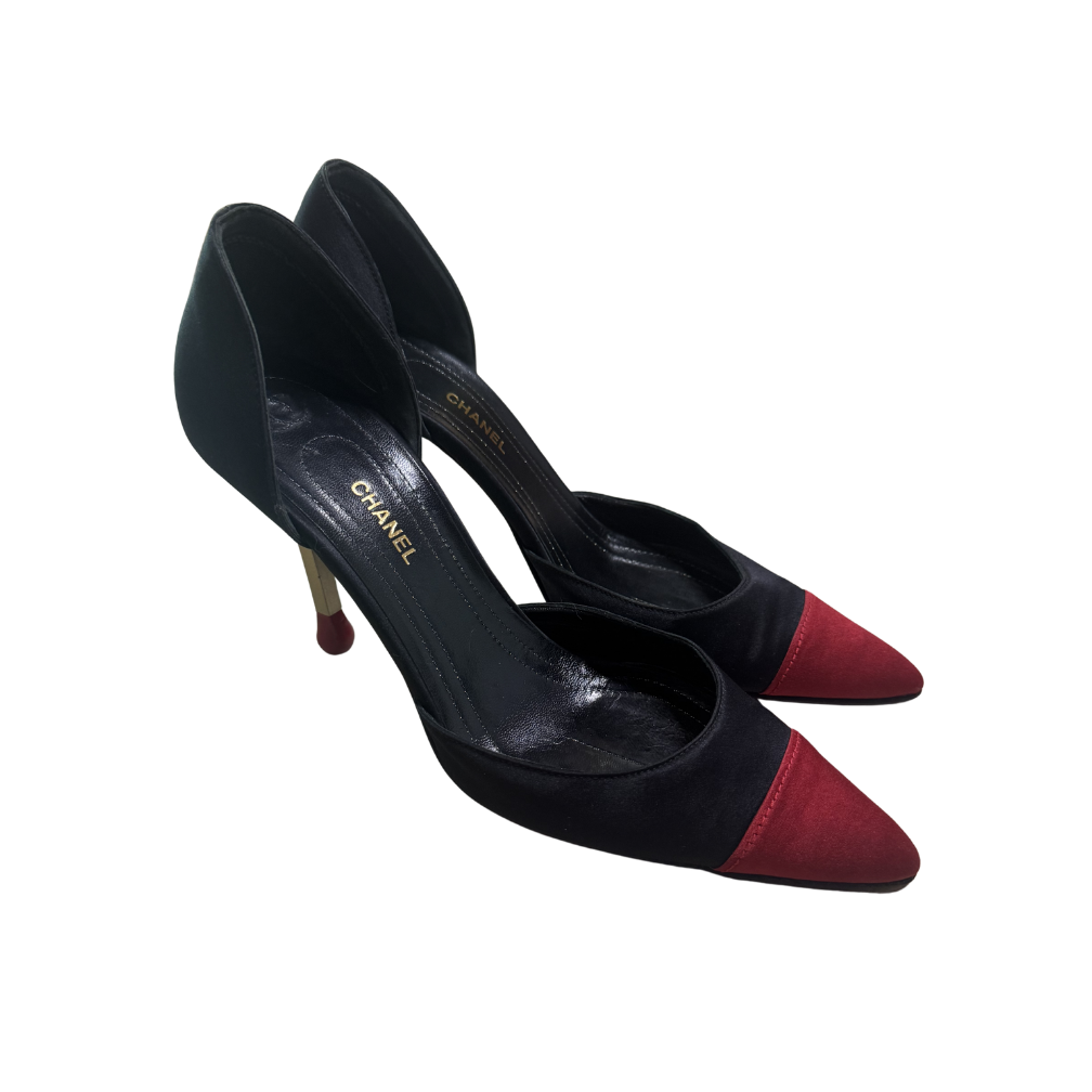 Chanel Red Satin D’Orsay Matchstick Pumps