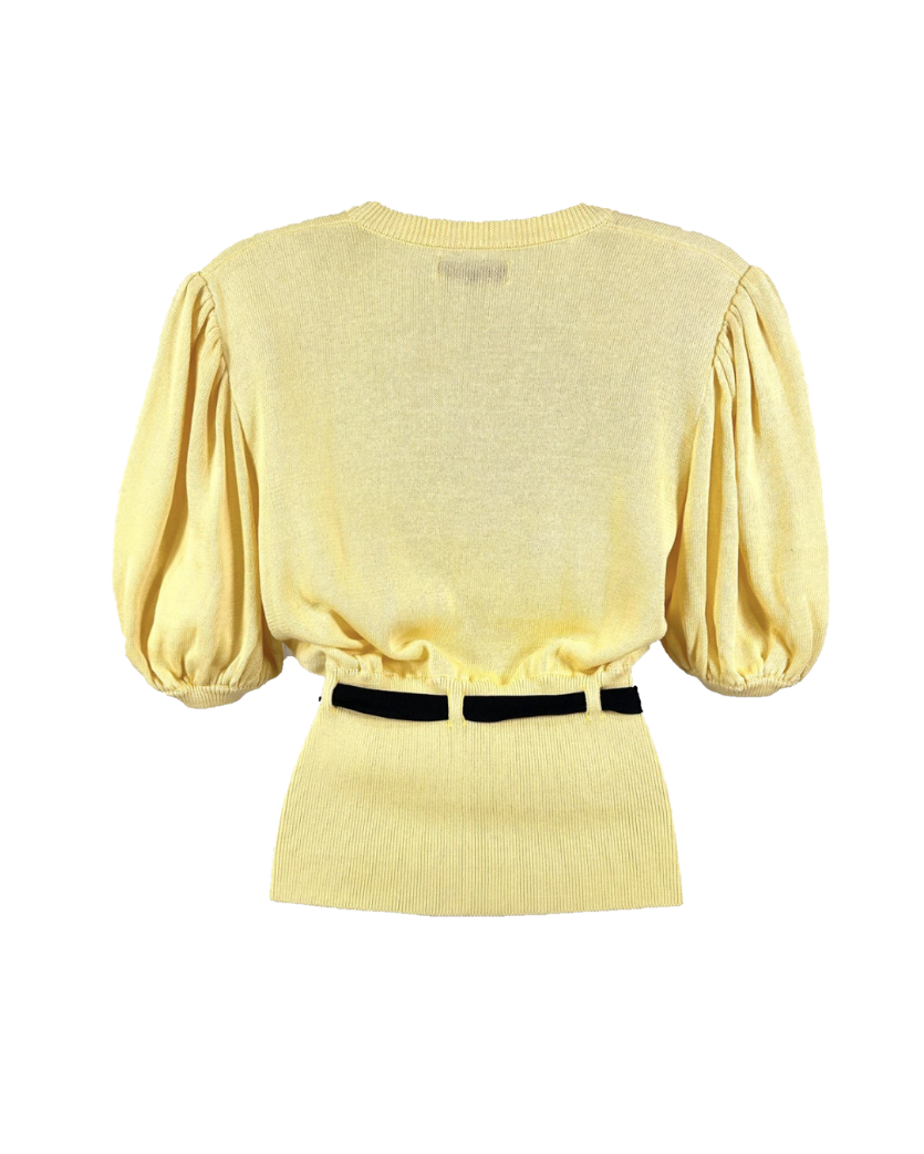 Yves Saint Laurent Yellow Puff-Sleeve Knit Belted Cardigan