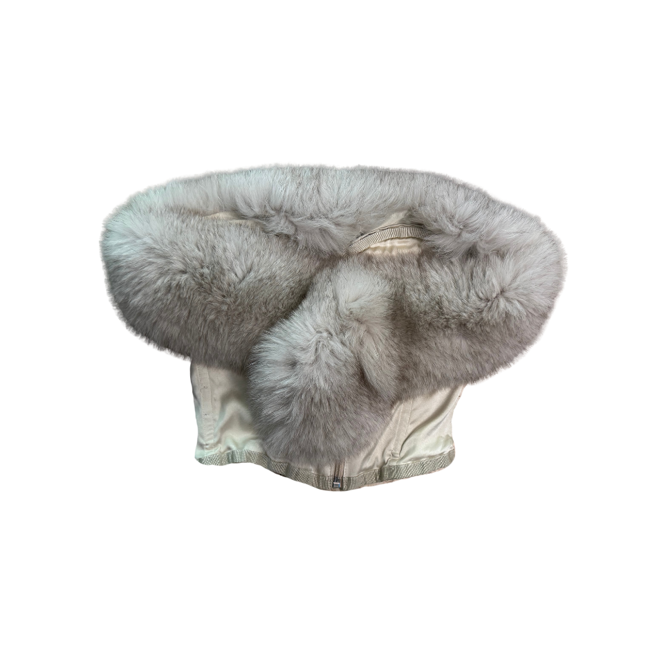 Dolce & Gabbana Silver Satin Fur Trimmed Cropped Bustier Top