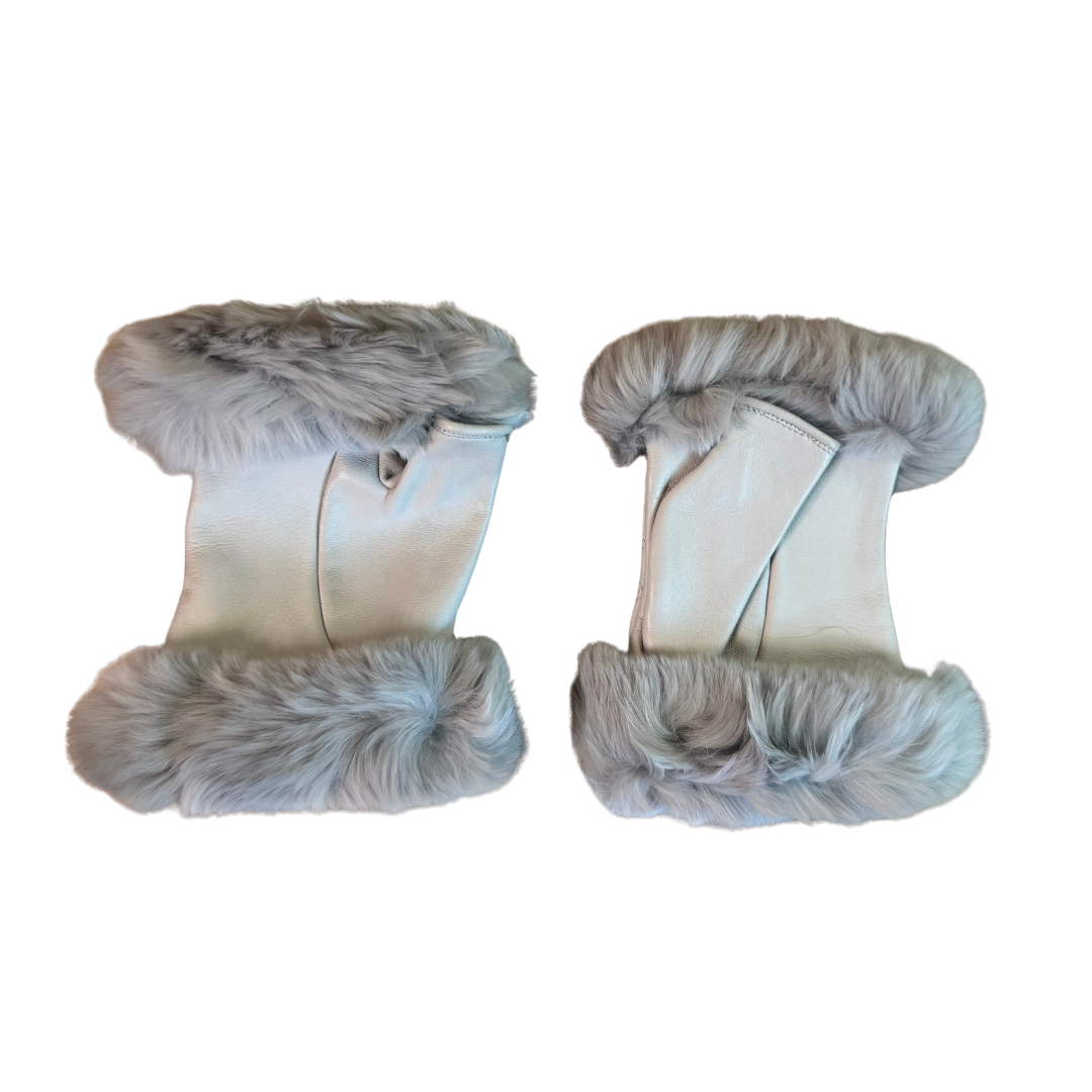 Chanel Light Grey Leather & Fur Lined Fingerless Gloves