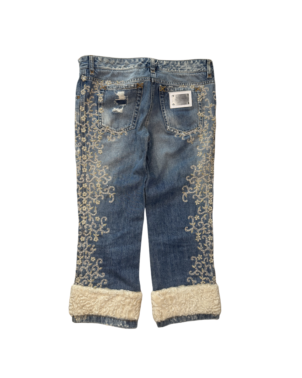 Dolce & Gabbana Shearling Trimmed Denim Capri Jeans