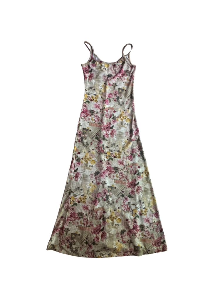 John Galliano Floral Newspaper Print Maxi Dress