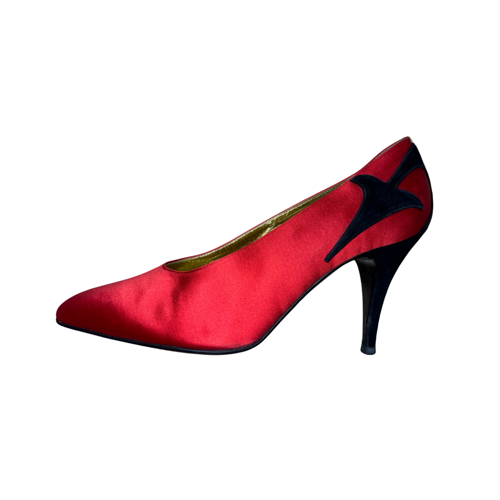 Moschino Red Satin Devil Horn Heels