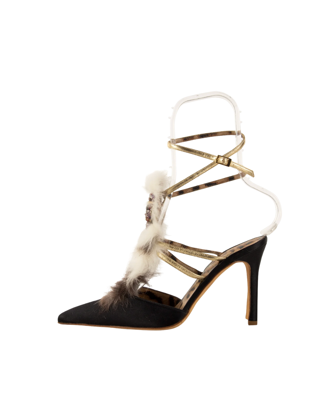 Roberto Cavalli Black Satin Strappy Fur Embellished Heels