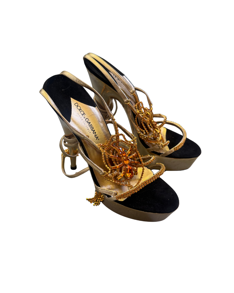Dolce & Gabbana Gold Crystal Spider Web Platform Sandals