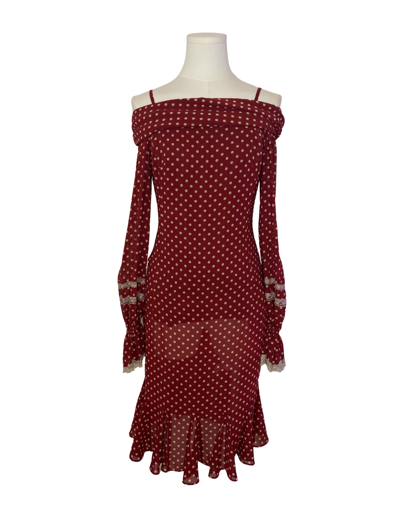 Keita Maruyama Red Polka Dot Off-The-Shoulder Maxi Dress