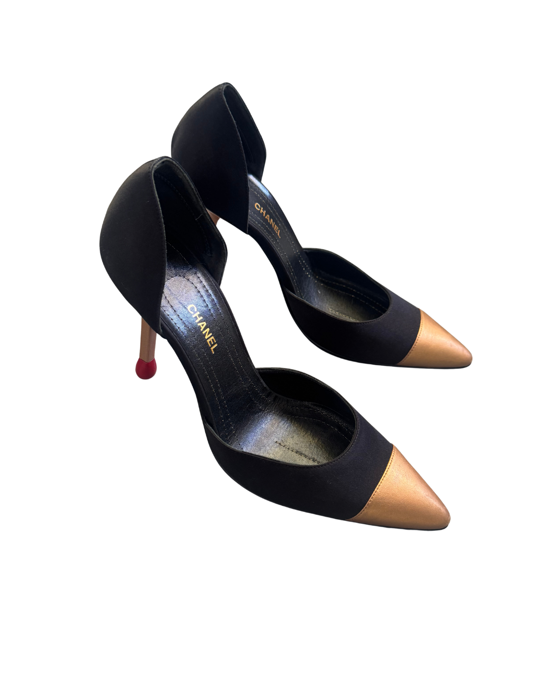 Chanel Gold Satin D’Orsay Matchstick Pumps