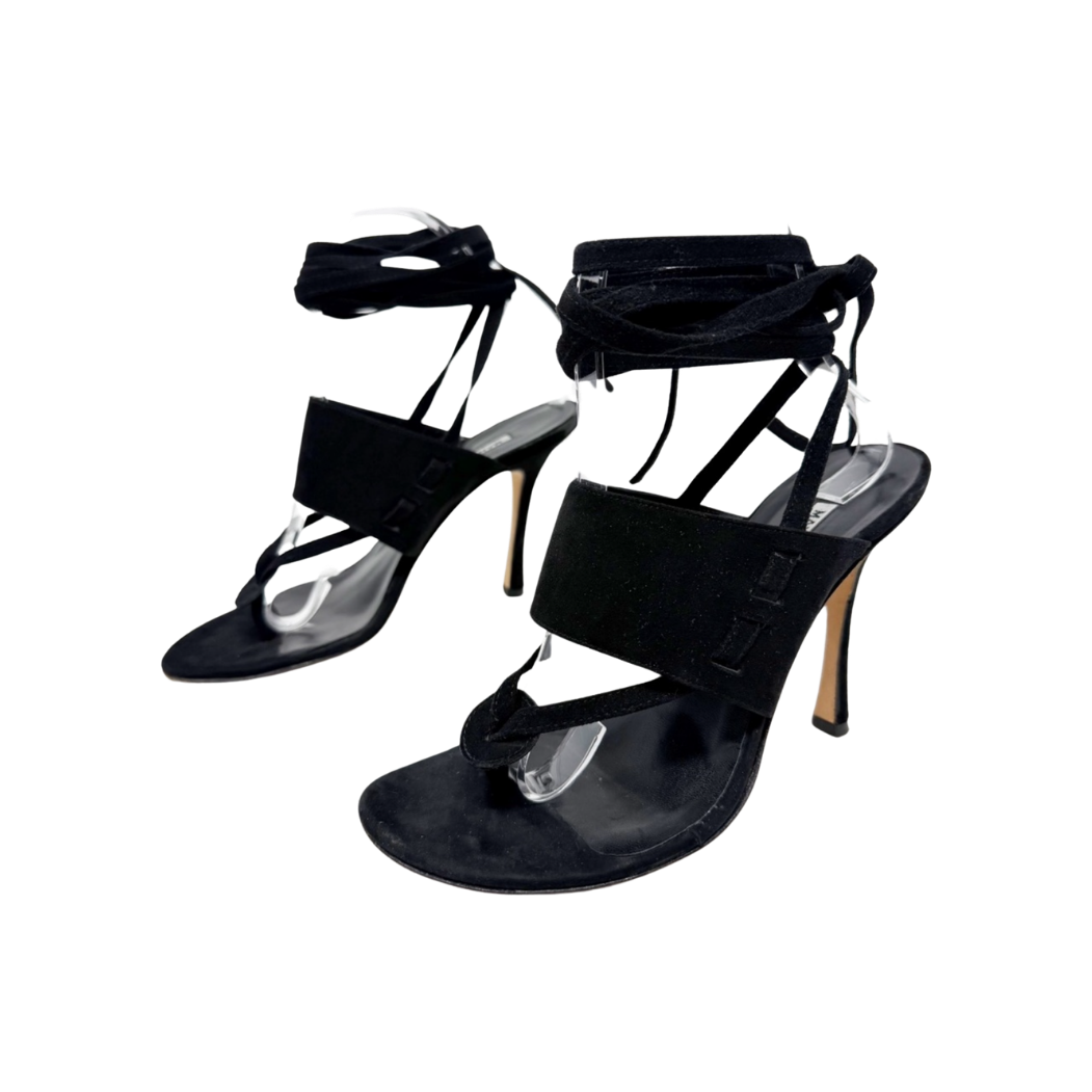 Manolo Blahnik Black Suede Strappy Thong Heels
