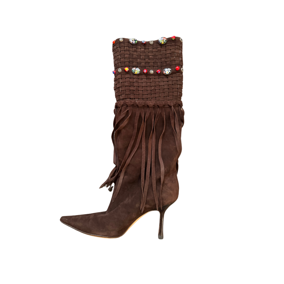 Jimmy Choo Brown Beaded Weaved Fringe Boots