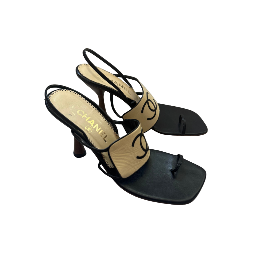Chanel Black & Beige Logo Toe Strap Pumps