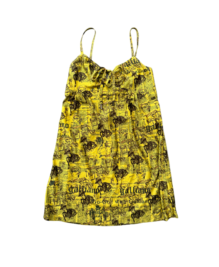 newspaper print mini dress John Galliano Yellow Newspaper Print Mini Dress – Shop Sosko