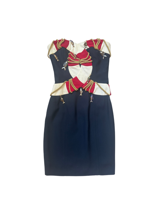 Moschino Couture "Cruise Me Baby" Navy Gabardine Life Preserver and Fish Dress