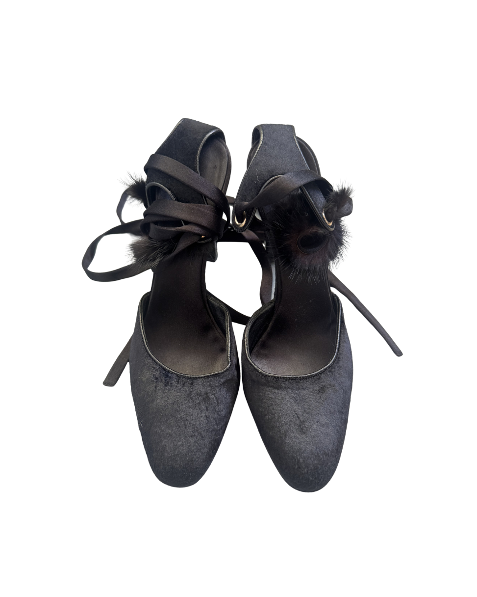 Gucci by Tom Ford Black Mink Strappy Sandal Heels