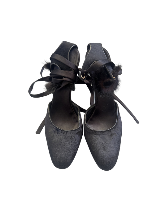Gucci by Tom Ford Black Mink Strappy Sandal Heels