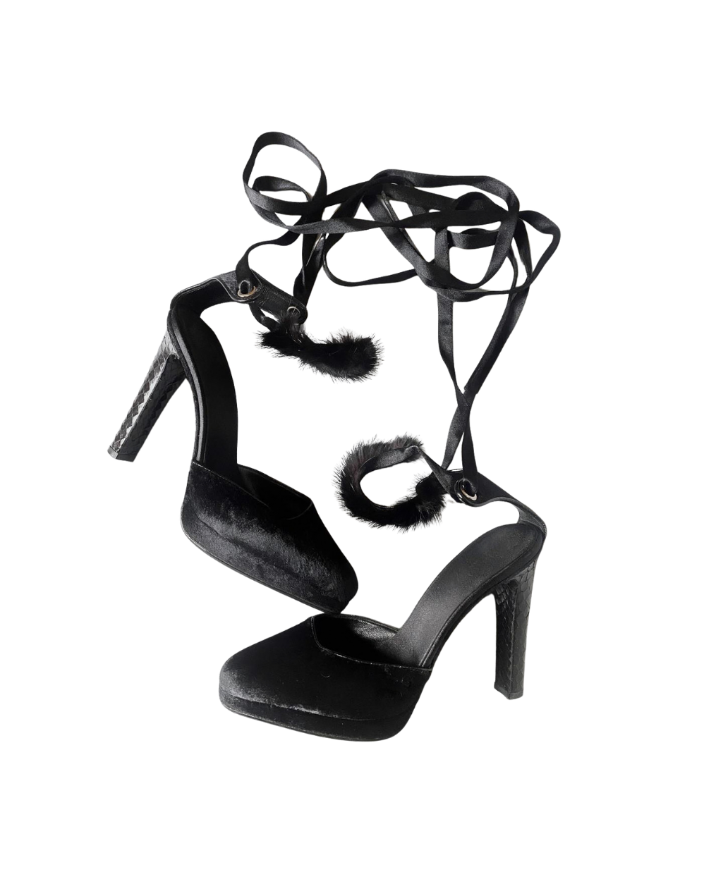 Gucci by Tom Ford Black Mink Strappy Sandal Heels
