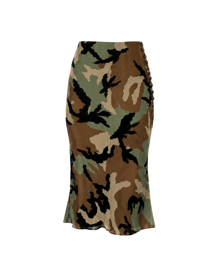 Christian Dior Camouflage Print Silk Midi Skirt