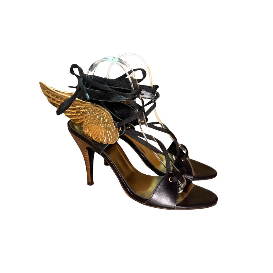 Dolce & Gabbana Gold Metal Winged Lace Up Heels