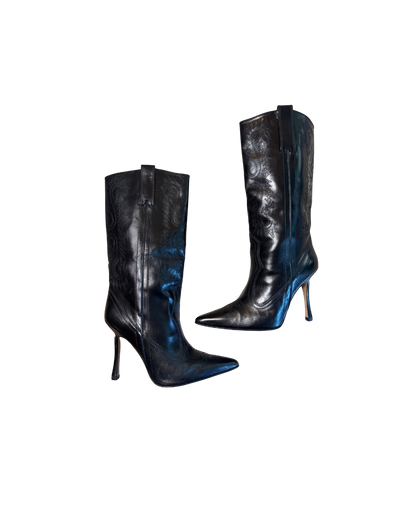 Manolo Blahnik Black Stiletto Cowboy Boots