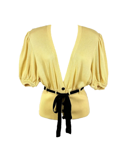 Yves Saint Laurent Yellow Puff-Sleeve Knit Belted Cardigan