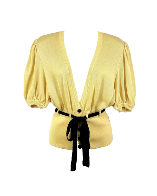 Yves Saint Laurent Yellow Puff-Sleeve Knit Belted Cardigan
