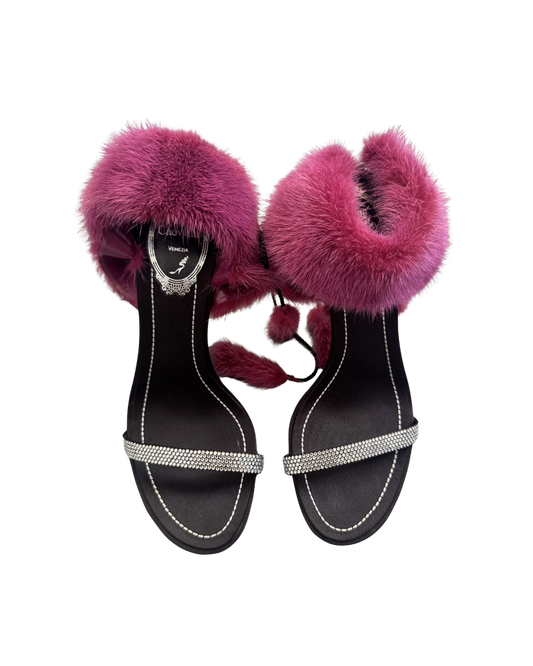 Rene Caovilla Pink Fur Sandal Heels