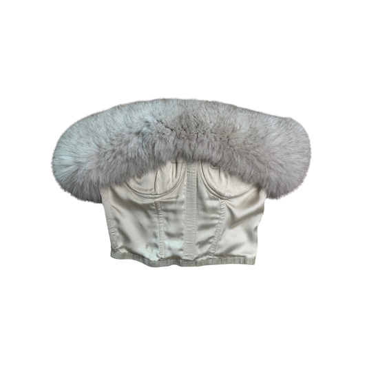 Dolce & Gabbana Silver Satin Fur Trimmed Cropped Bustier Top