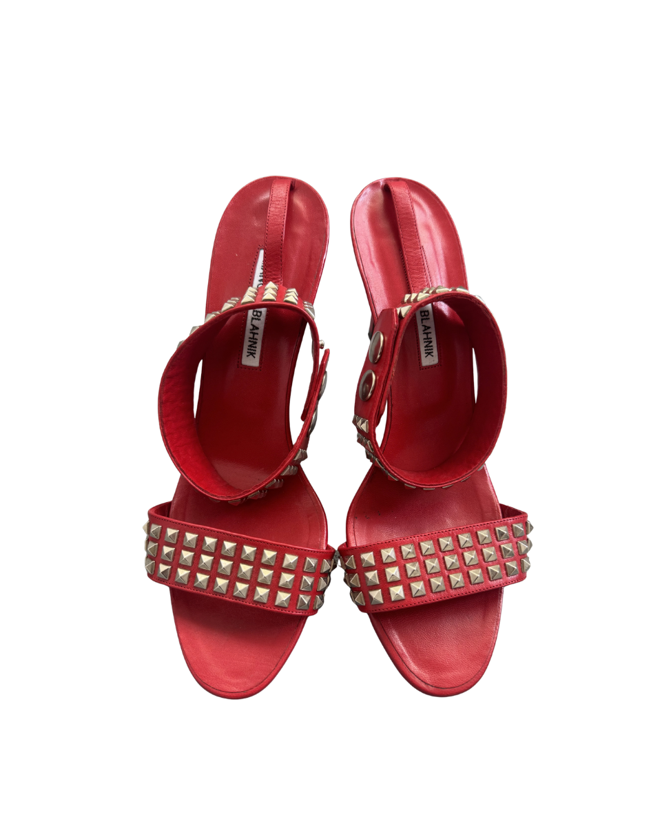 Manolo Blahnik Red Studded Ankle Strap Heels
