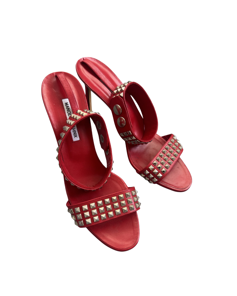 Manolo Blahnik Red Studded Ankle Strap Heels