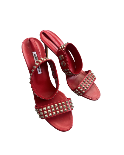 Manolo Blahnik Red Studded Ankle Strap Heels