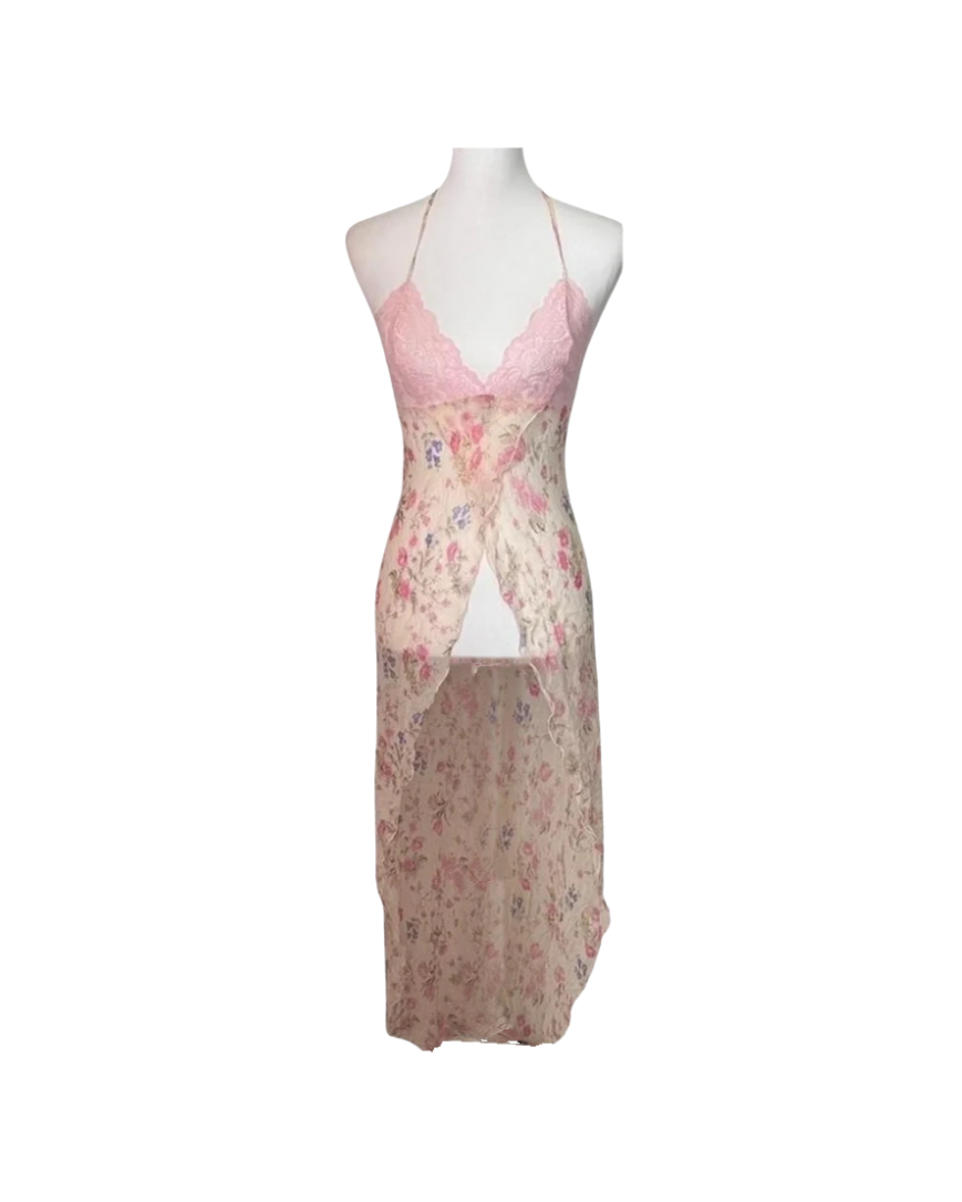 Victoria’s Secret Pink Lace Floral Silk Sheer Halter Dress