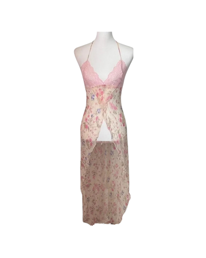 Victoria’s Secret Pink Lace Floral Silk Sheer Halter Dress