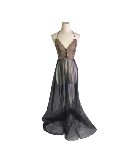 Victoria’s Secret Black Mesh Floral Embroidered Sheer Open Front Slip Gown