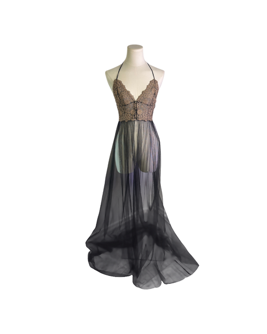 Victoria’s Secret Black Mesh Floral Embroidered Sheer Open Front Slip Gown