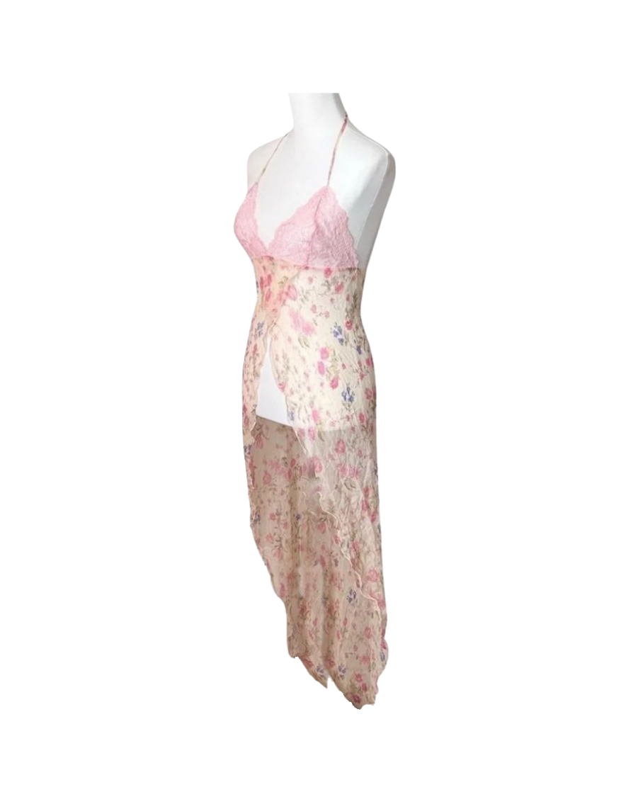 Victoria’s Secret Pink Lace Floral Silk Sheer Halter Dress