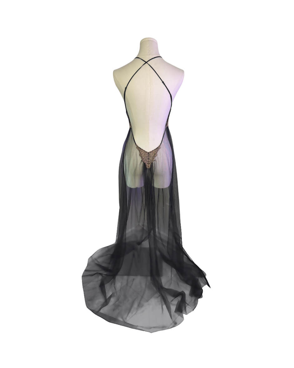 Victoria’s Secret Black Mesh Floral Embroidered Sheer Open Front Slip Gown