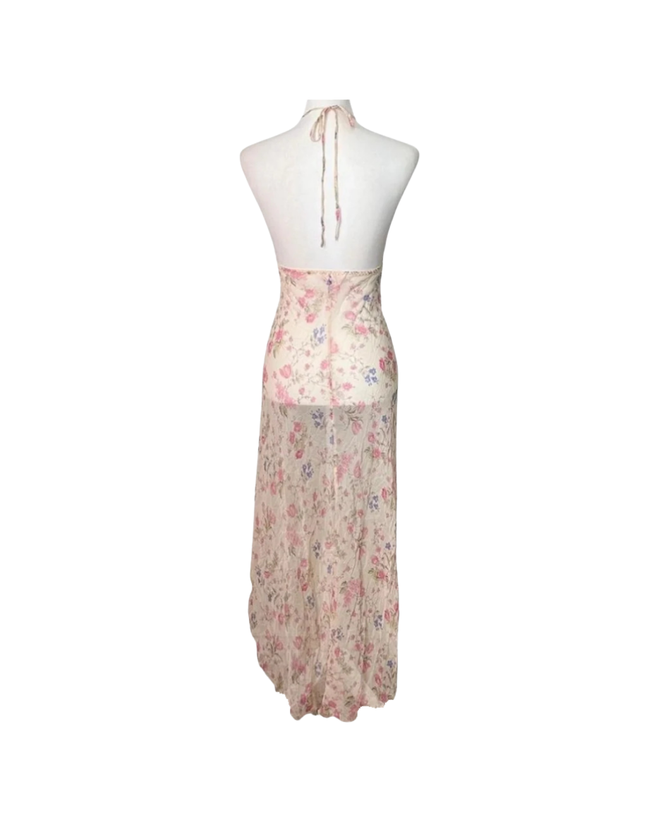 Victoria’s Secret Pink Lace Floral Silk Sheer Halter Dress