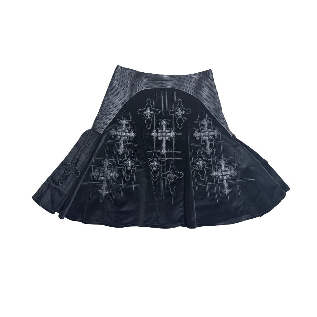 Versace Velvet Cross Embroidered Leather Detailed Skirt