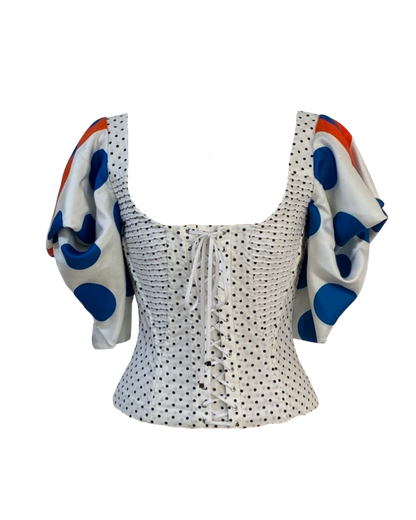 Dolce & Gabbana White Polka Dot Corset Puff Sleeve Top