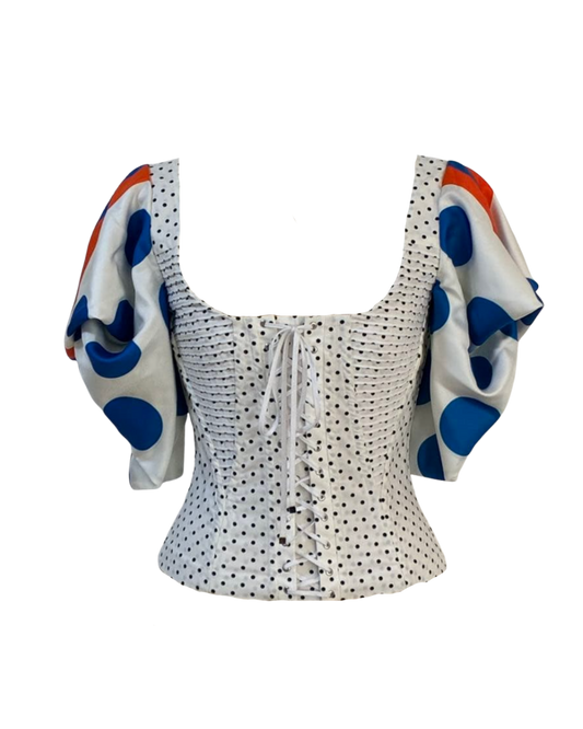 Dolce & Gabbana White Polka Dot Corset Puff Sleeve Top