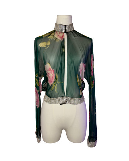 Dolce & Gabbana Rhinestone Trimmed Sheer Rose Top