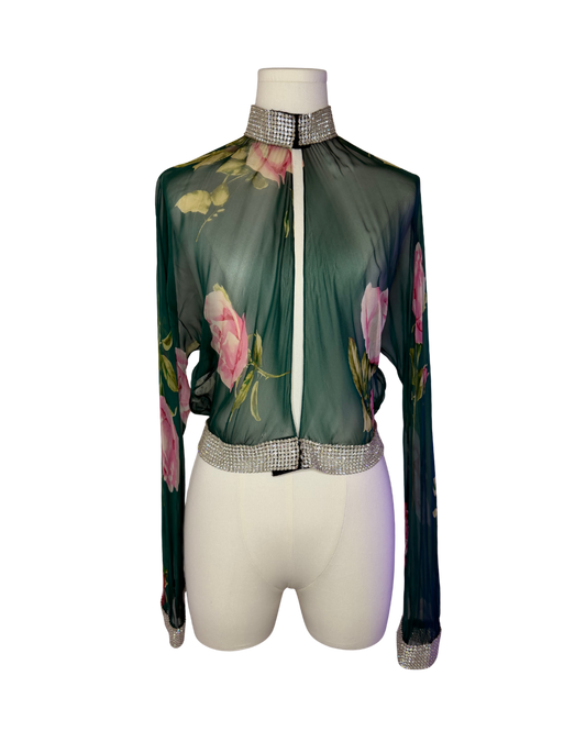 Dolce & Gabbana Rhinestone Trimmed Sheer Rose Top