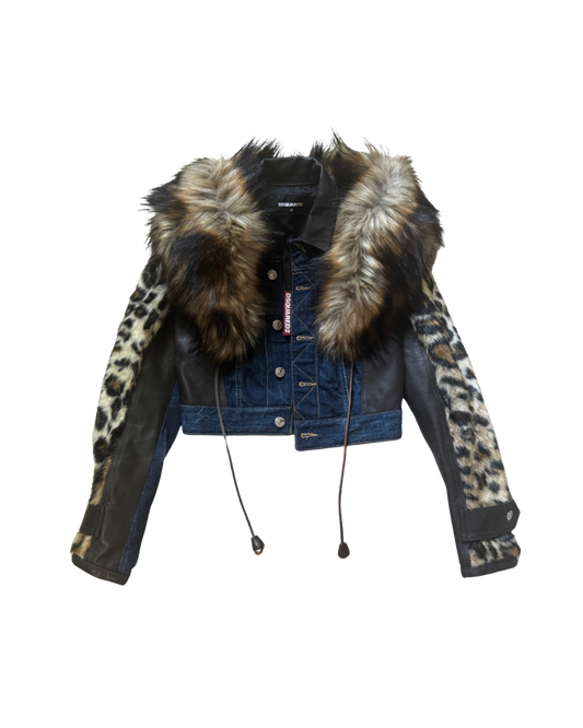 Dsquared² Faux Fur/Cheetah/Leather/Denim Jacket