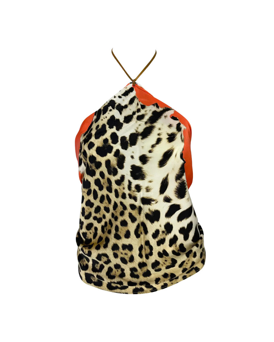 Roberto Cavalli Leopard Silk Leather Halter Scarf Top