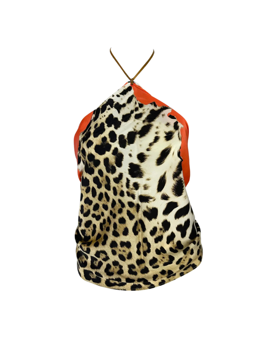 Roberto Cavalli Leopard Silk Leather Halter Scarf Top