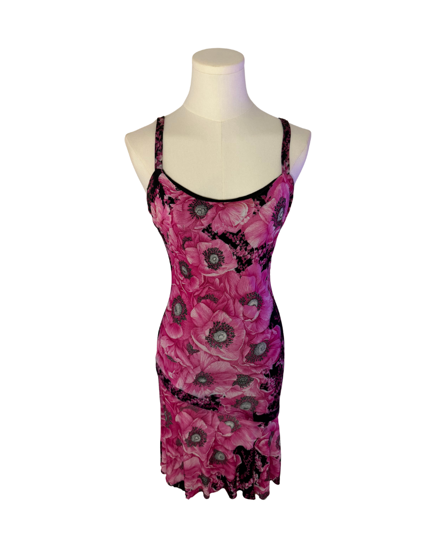 Gianni Versace Pink Poppy Floral Stretch Mini Dress