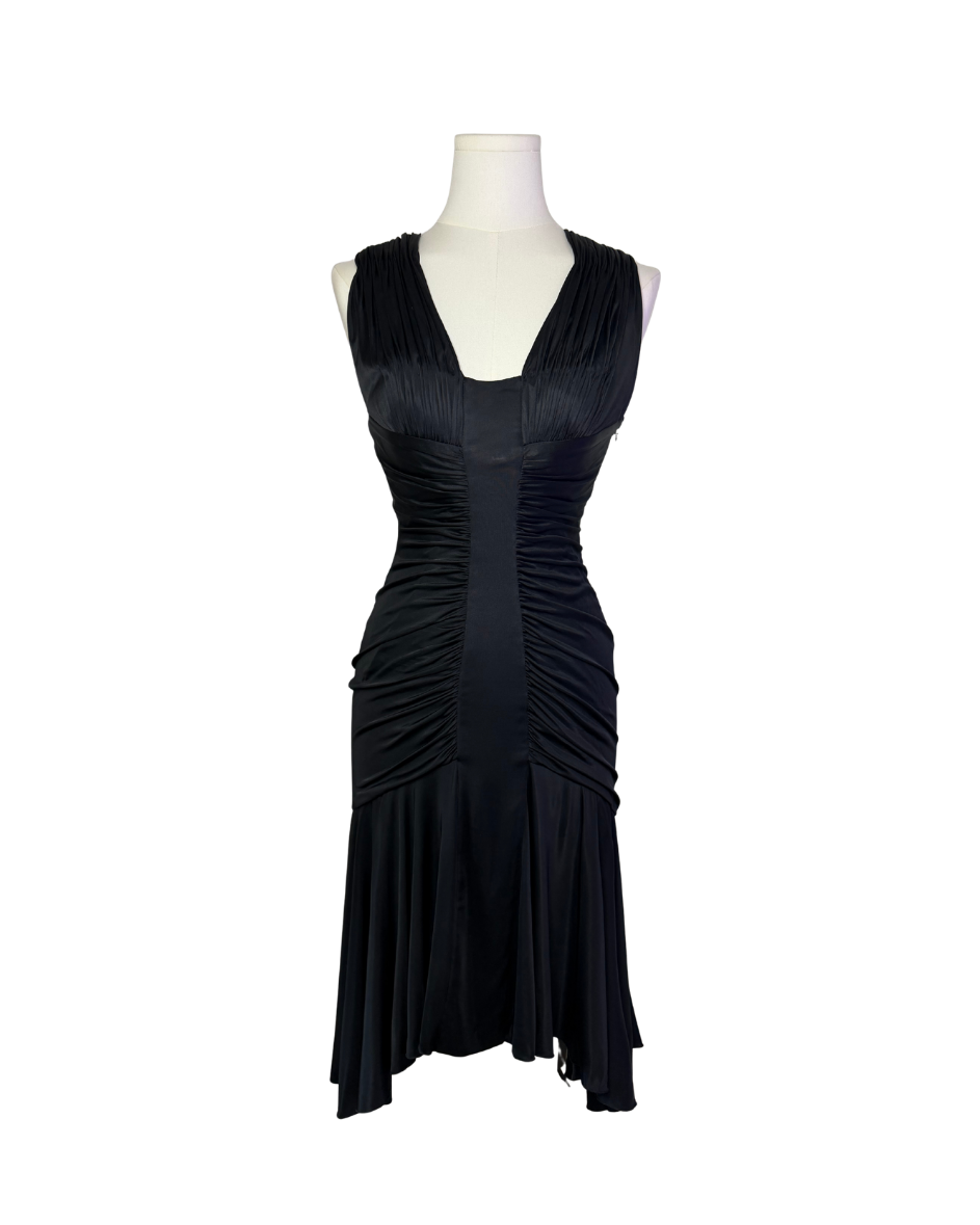 Versace Plunging Ruched Ruffles Black Dress