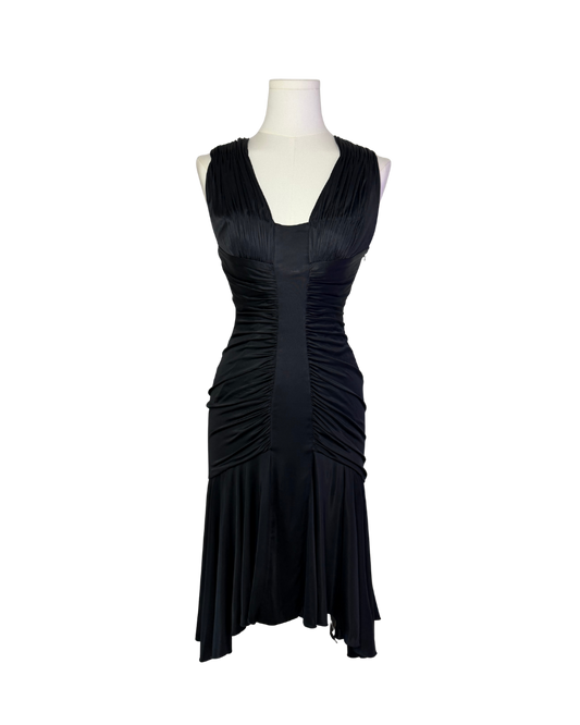 Versace Plunging Ruched Ruffles Black Dress