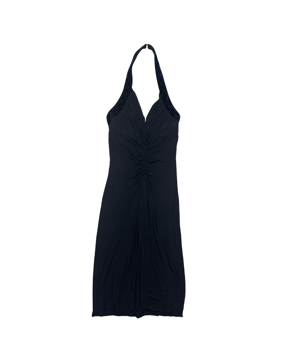Gucci Black Velvet Halter Crystal Logo Midi Dress