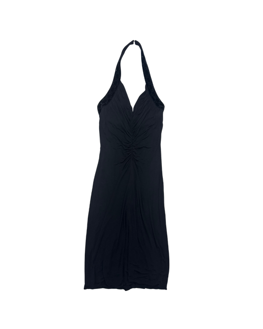 Gucci Black Velvet Halter Crystal Logo Midi Dress